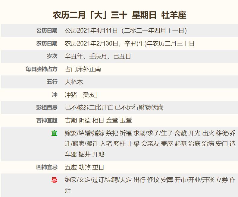 2021年4月11日是黄道吉日吗？2021年4月11日今日黄历和吉时介绍